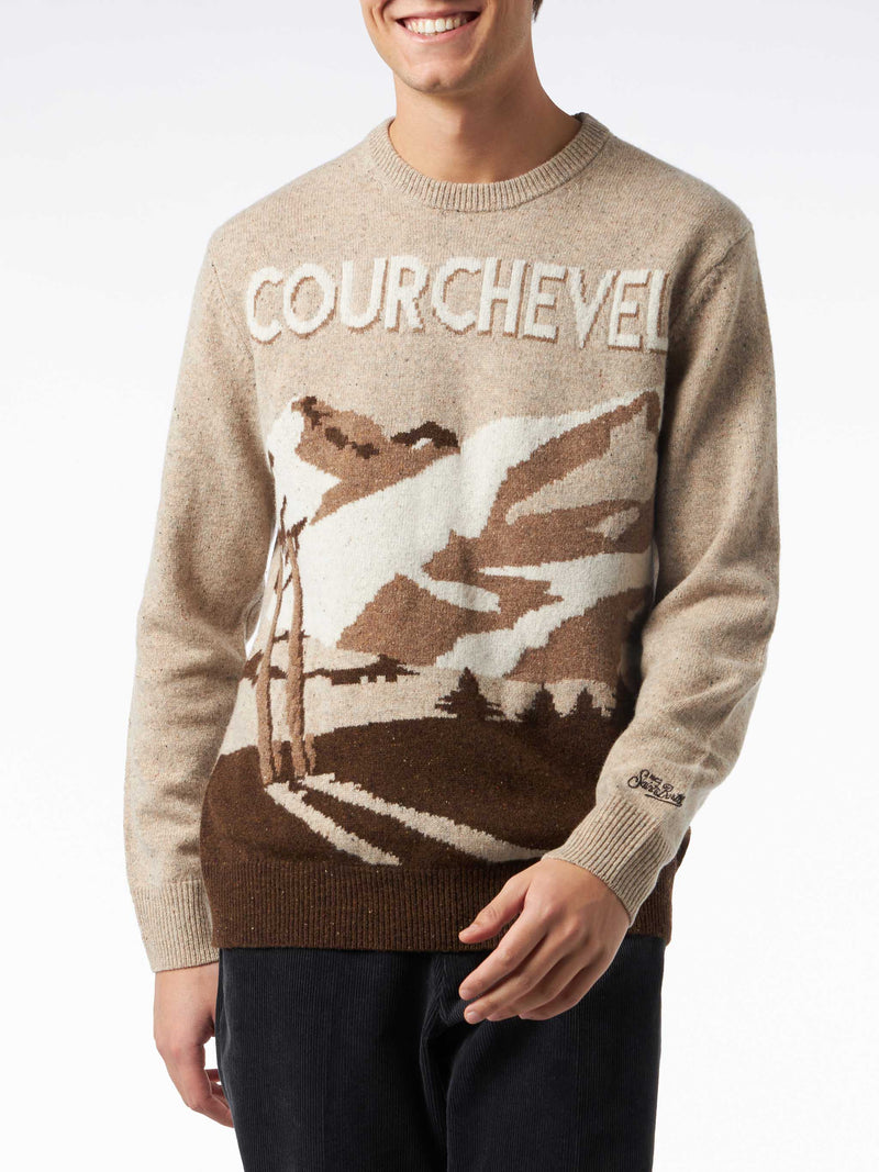 Man crewneck donegal sweater Courchevel postcard jacquard print