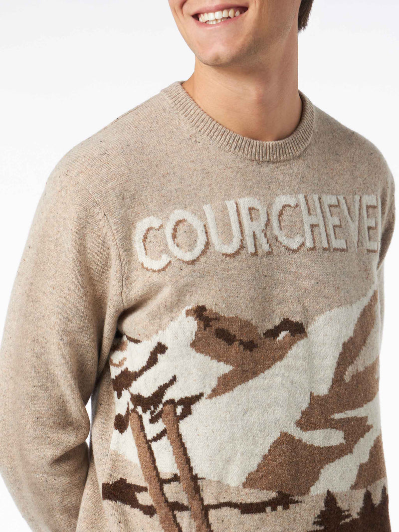 Man crewneck donegal sweater Courchevel postcard jacquard print