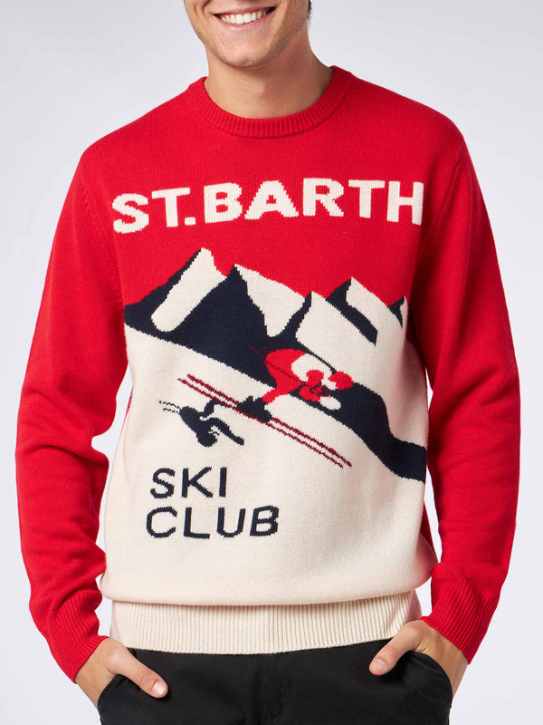 Herrenpullover mit Rundhalsausschnitt und Postkarten-Jacquarddruck des St. Barth Ski Club