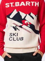 Man crewneck sweater with St. Barth Ski Club postacard jacquard print