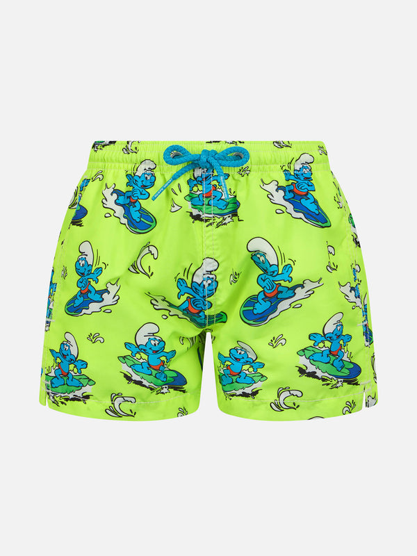 Boy mid-length Jean swim-shorts with Smurf print | THE SMURF SPECIAL EDITION