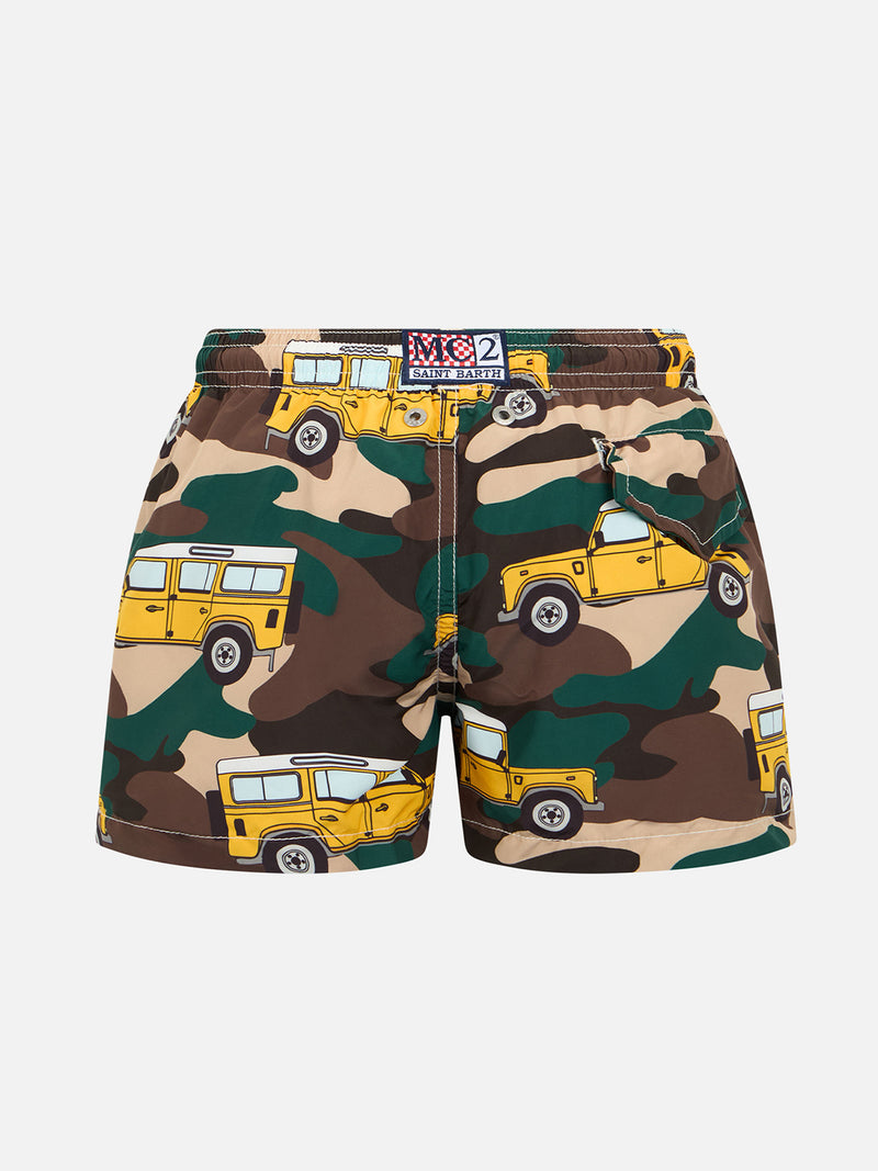 Boy lightweight fabric swim-shorts Jean Lighting with off-road car print