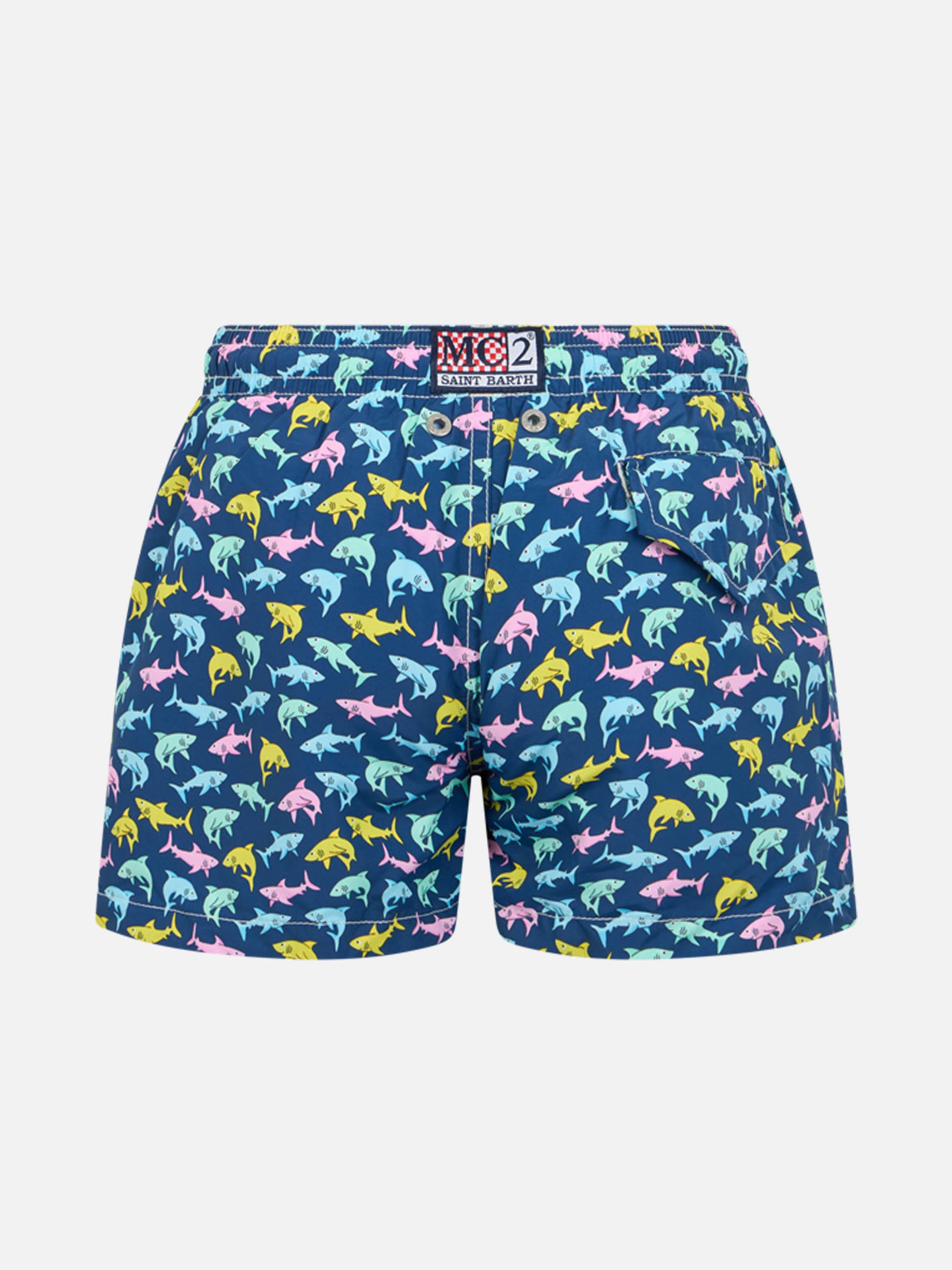 Boy lightweight fabric swim-shorts Jean Lighting with sharks print - MC2 Saint Barth