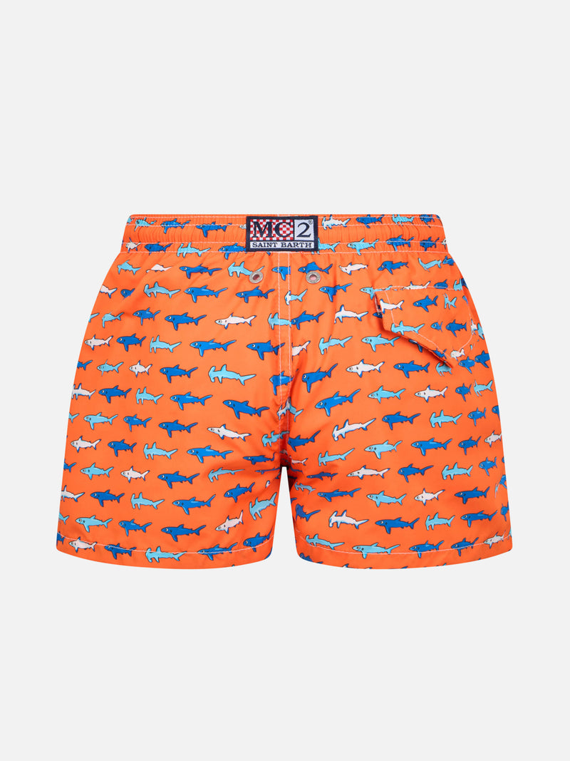 Boy lightweight fabric swim-shorts Jean Lighting with sharks print