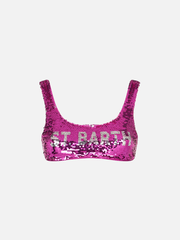 Fucsia sequined bralette with silver logo