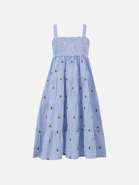 Girl seersucker dress Jemine Jr with bee embroidery - MC2 Saint Barth