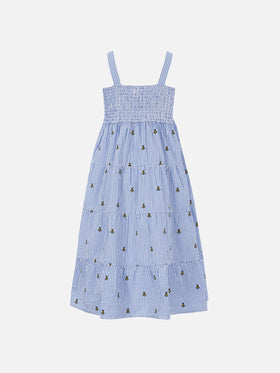 Girl seersucker dress Jemine Jr with bee embroidery - MC2 Saint Barth