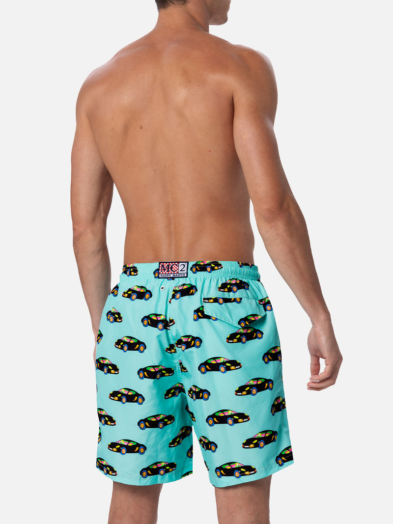 Man lightweight fabric swim-shorts Lighting with Lodola car print |MARCO LODOLA SPECIAL EDITION