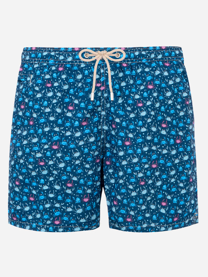 Man light fabric swim shorts with crab print