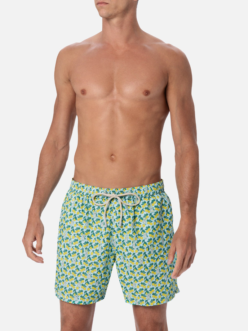 Man lightweight fabric swim-shorts Lighting Micro Fantasy with gin and lemon print