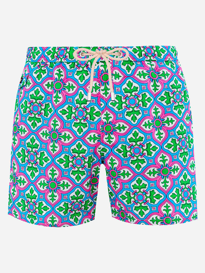 Man lightweight fabric swim-shorts Lighting 70 with majolica print
