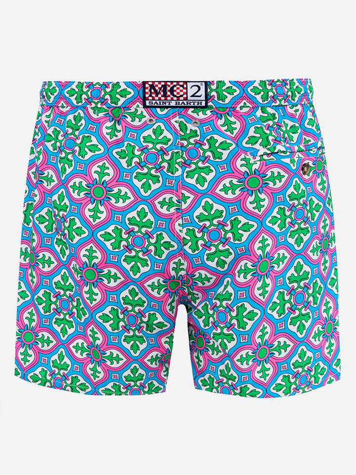 Man lightweight fabric swim-shorts Lighting 70 with majolica print