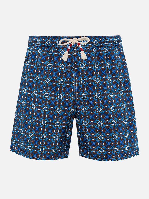 Man lightweight fabric swim-shorts Lighting 70 with majolica print