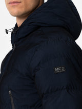 Man navy blue corduroy-like hooded puffer jacket Maier