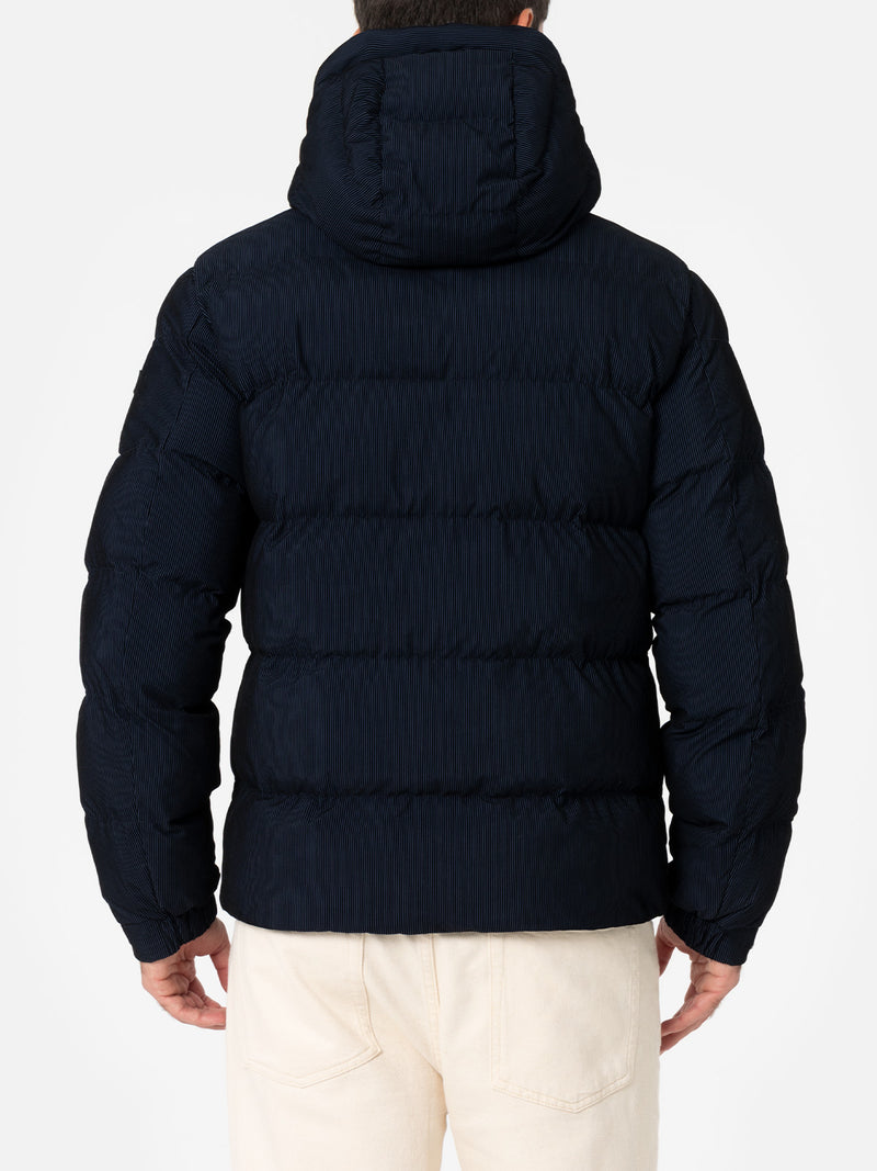 Man navy blue corduroy-like hooded puffer jacket Maier