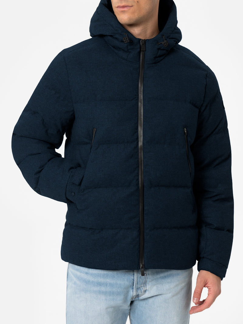 Man navy blue flannel hooded puffer jacket Maier