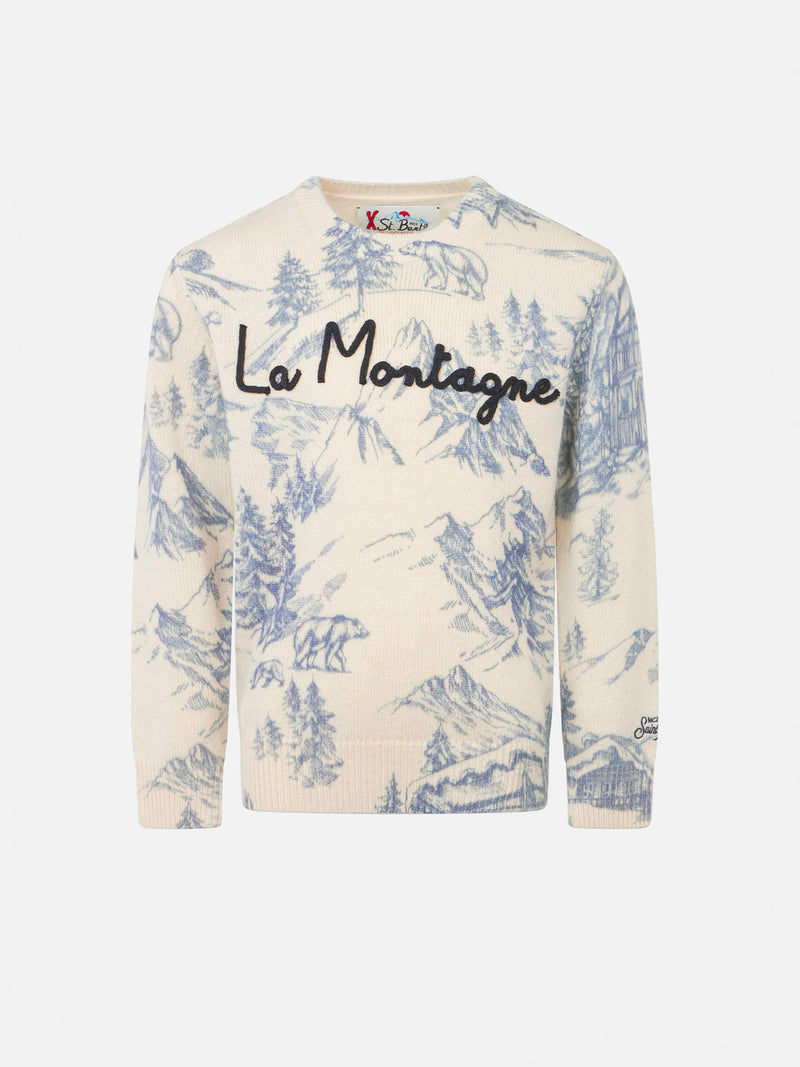 Boy crewneck toile de jouy sweater with La Montagne embroidery