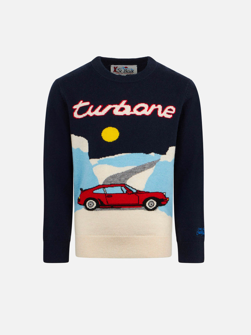 Boy crewneck sweater with car jacquard print