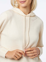 Woman off white knitted hoodie with St. Barth embroidery