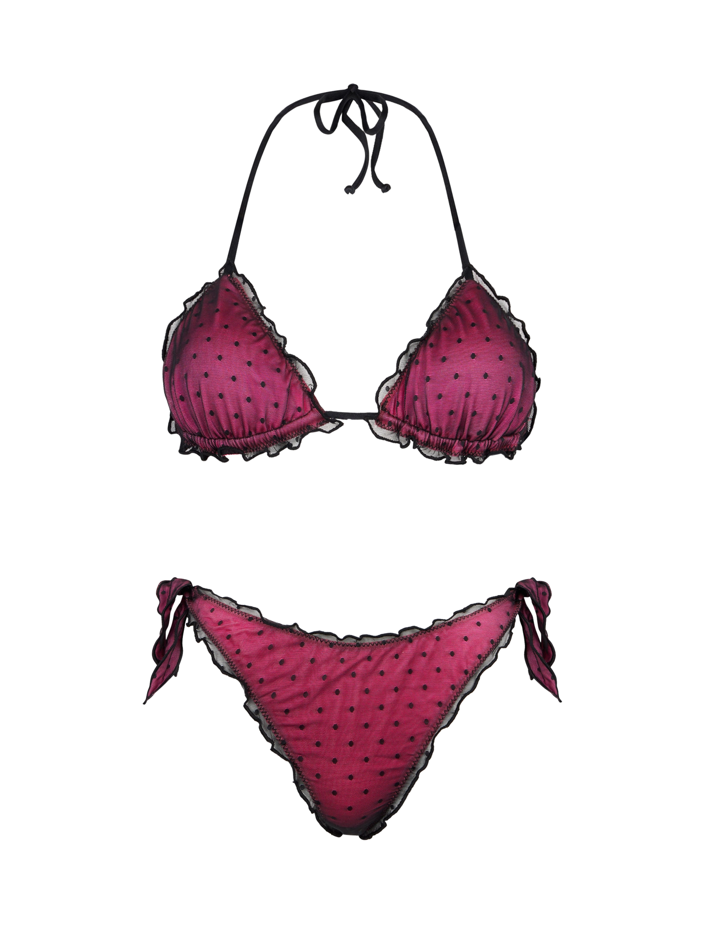 Bikini fucsia lucido con tulle nero a pois