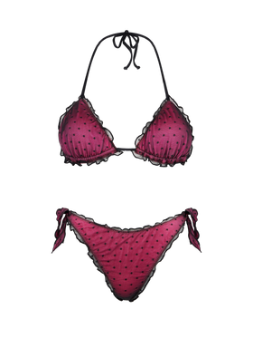 Bikini fucsia lucido con tulle nero a pois