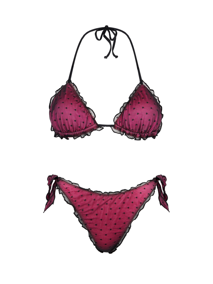 Shiny fucsia bikini with black polka dot tulle