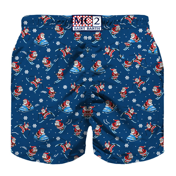 Man light fabric swim shorts with Happy Santa Claus print