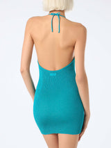 Woman teal green lurex halterneck crinkle dress