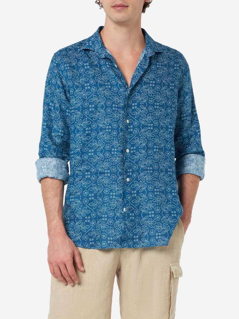 Marineblaues Herren-Leinenhemd Pamplona mit Sashiko-Aufdruck