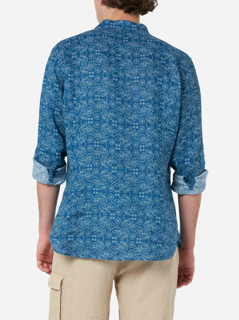 Marineblaues Herren-Leinenhemd Pamplona mit Sashiko-Aufdruck