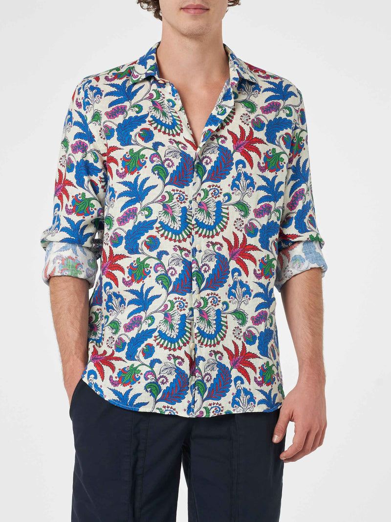 Man navy blue linen shirt Pamplona with flower print