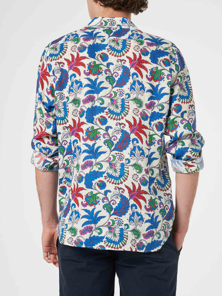 Man navy blue linen shirt Pamplona with flower print - MC2 Saint Barth