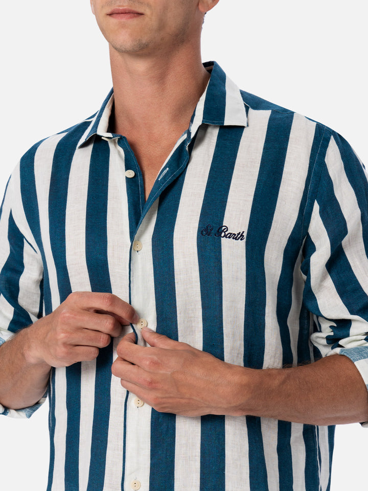 Marineblau gestreiftes Leinenhemd für Herren Pamplona