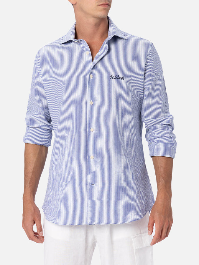 Mc2 Saint Barth Camicia da uomo Pamplona in cotone seersucker con righe bluette