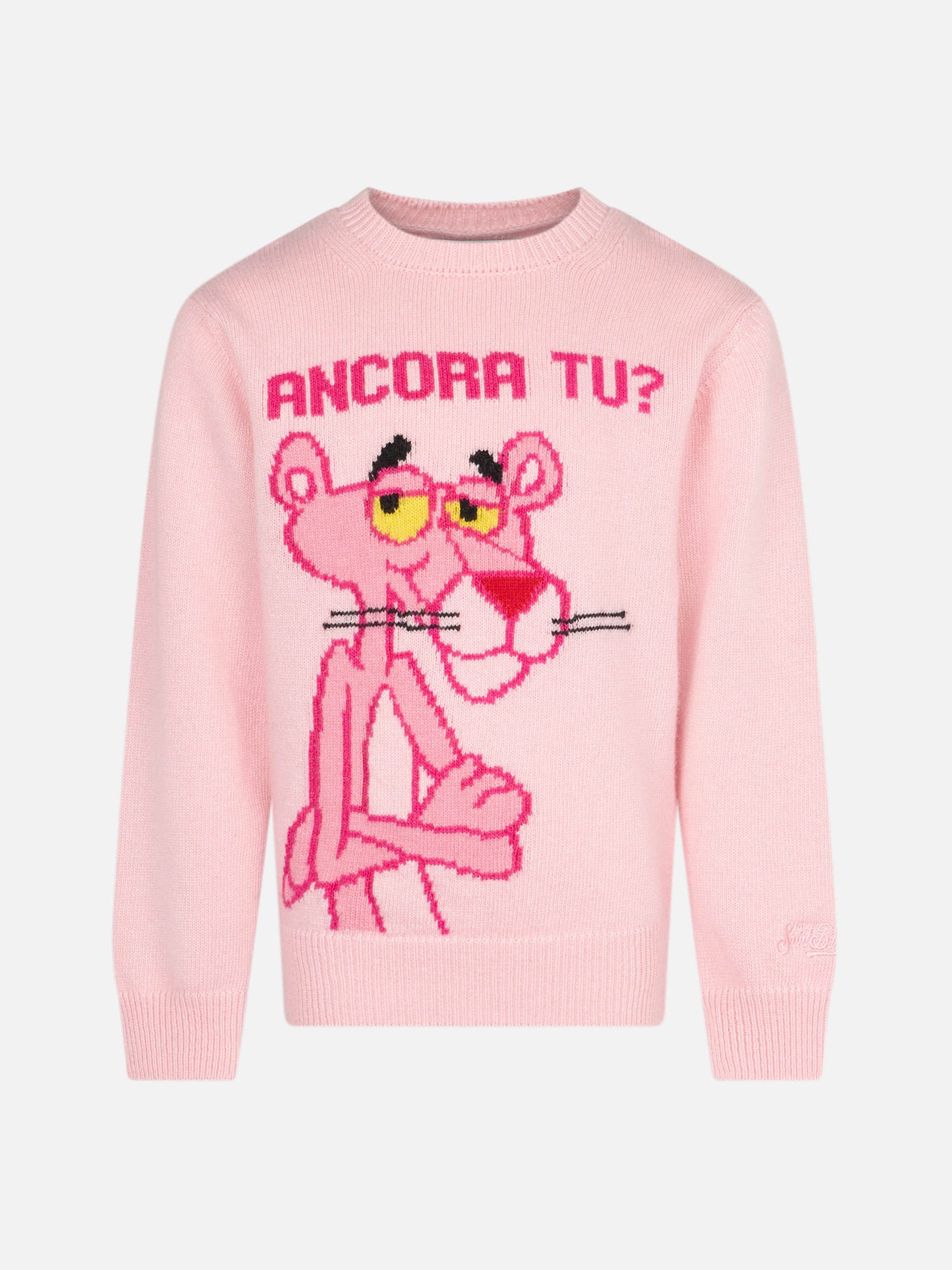 Girl crewneck pink sweater with Pink Panther Ancora Tu? Print | THE PINK PANTHER SPECIAL EDITION - MC2 Saint Barth