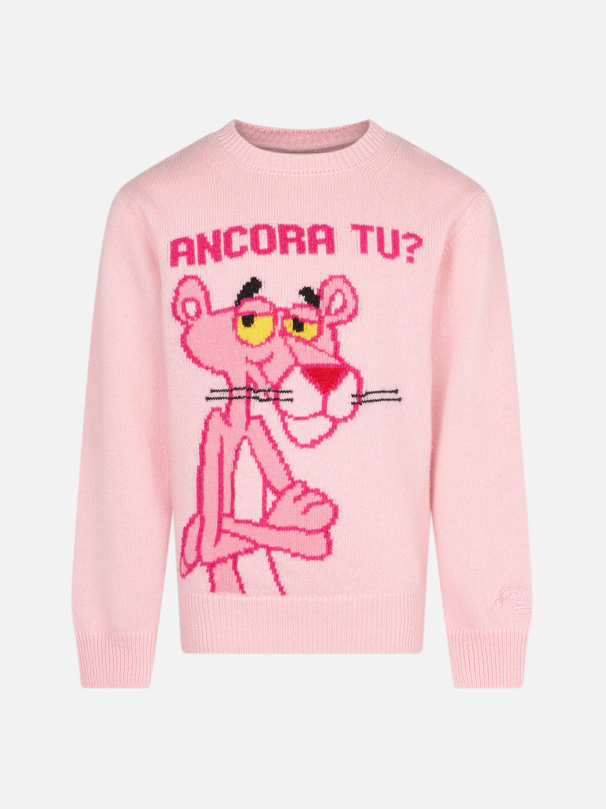 Girl crewneck pink sweater with Pink Panther Ancora Tu? Print | THE PINK PANTHER SPECIAL EDITION - MC2 Saint Barth