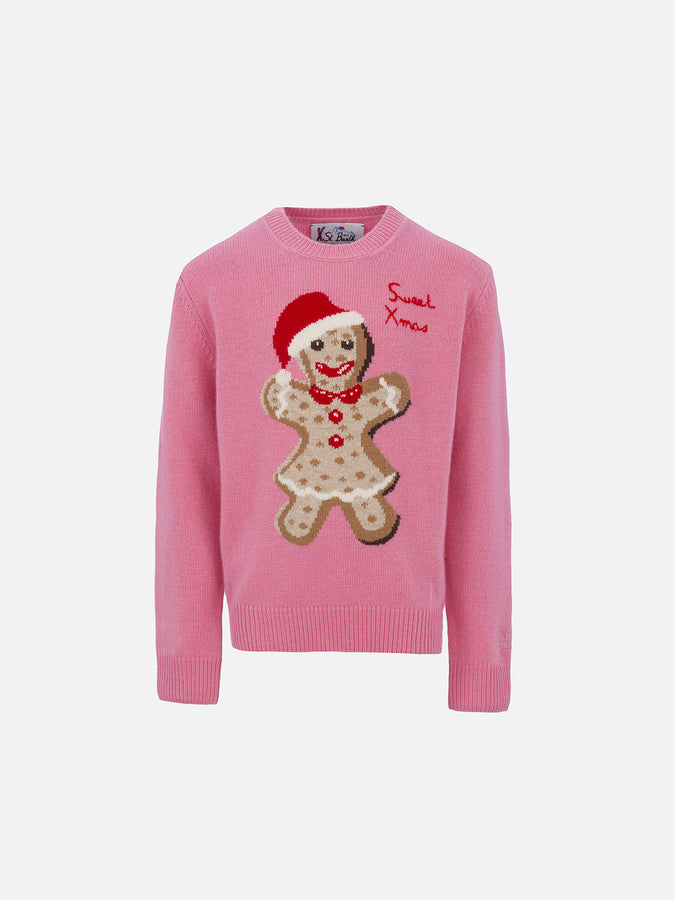 Mc2 Saint Barth Girl crewneck pink sweater with ginger bread print