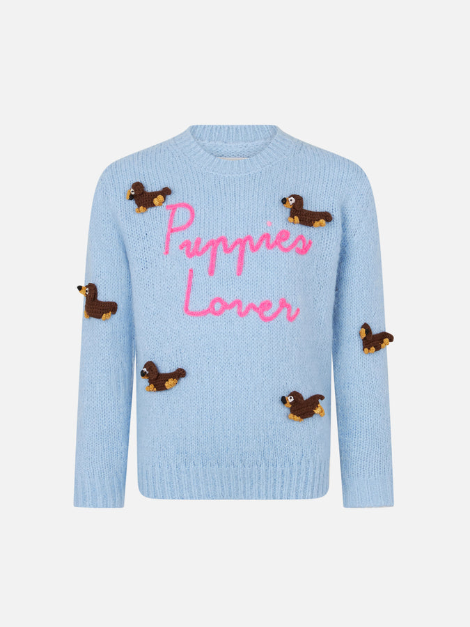 Mc2 Saint Barth Maglia morbida girocollo da bambina con patch cani all'uncinetto e ricamo Puppies Lover