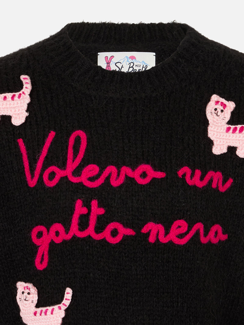 Maglione morbido a girocollo da bambina con patch gatti all'uncinetto e ricamo Volevo un Gatto Nero