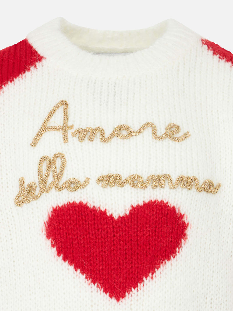 Maglia da bambina girocollo a costine morbide con cuori e ricamo Amore della Mamma