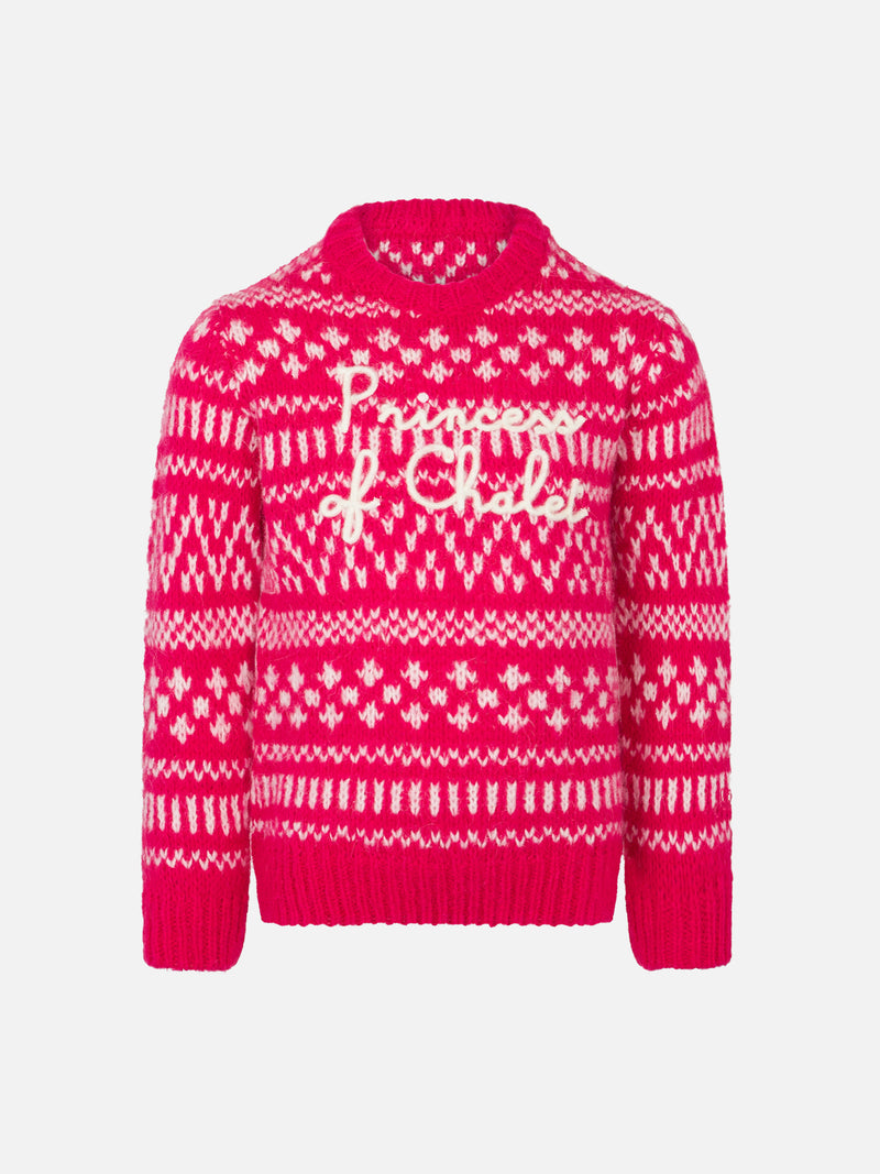 Weicher Mädchenpullover mit Rundhalsausschnitt, Fair-Isle-Print und Princess of Chalet-Stickerei