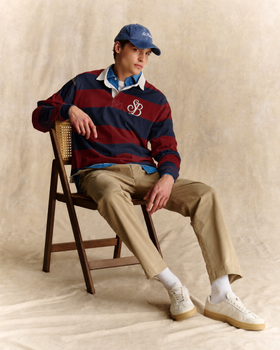 Polo de rugby Quarterback en coton à rayures navy blue et bordeaux avec monogramme SB Legacy 