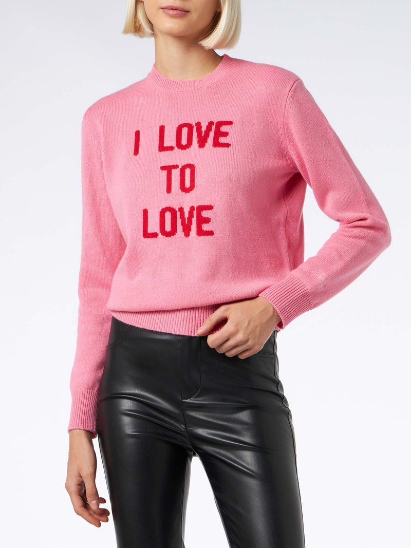 Damen-Rundhalspullover in Rosa mit Aufdruck „I love to Love“ | NIKI DJ SONDEREDITION