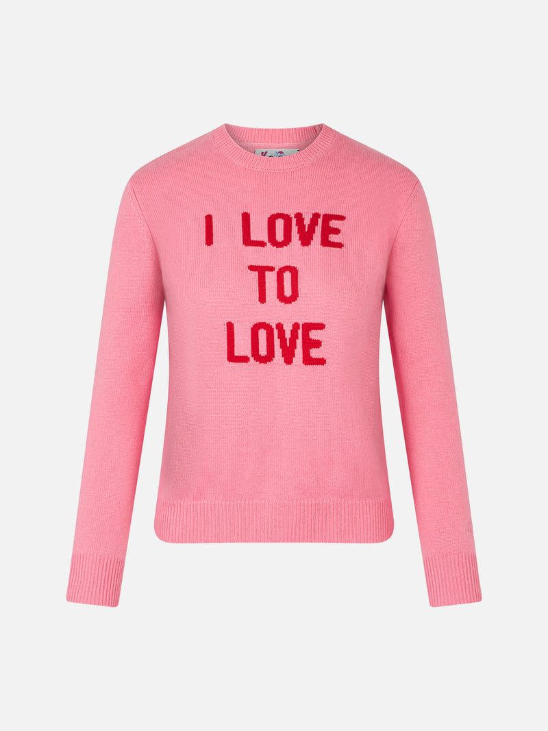 Woman crewneck pink sweater I love to Love print | NIKI DJ SPECIAL EDITION