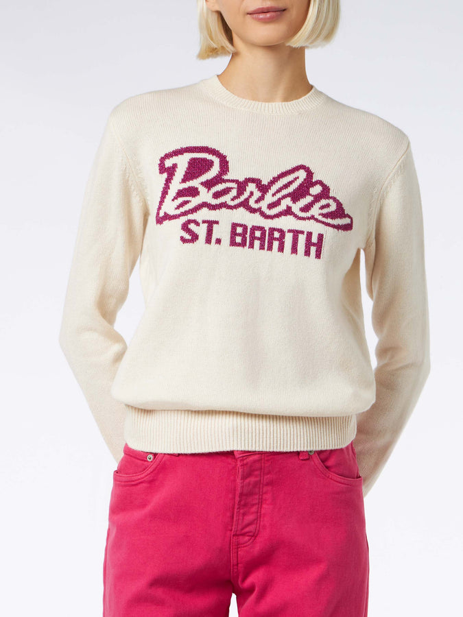 Mc2 Saint Barth Maglia da donna girocollo bianca con stampa Barbie | EDIZIONE SPECIALE BARBIE