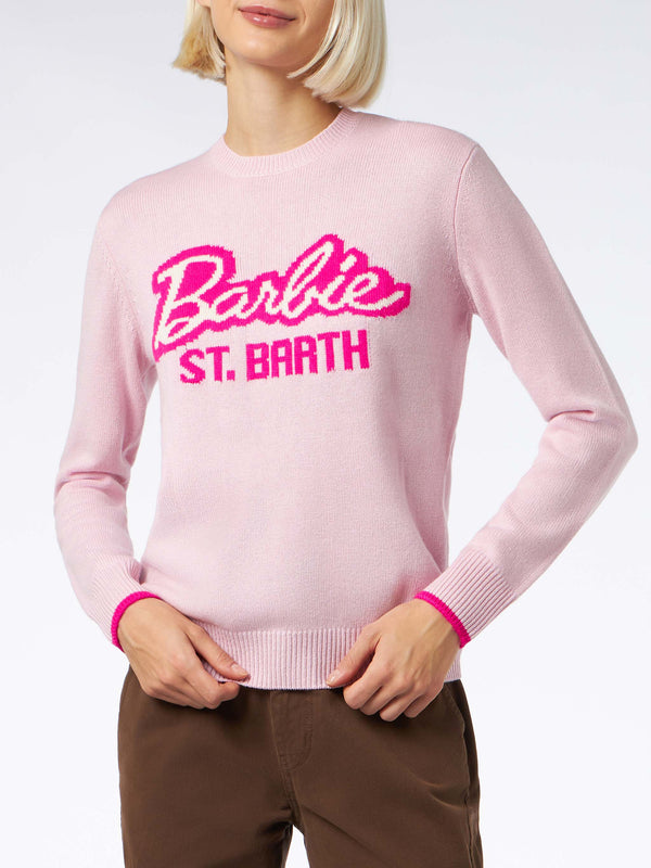 Rosafarbener Damenpullover mit Rundhalsausschnitt und Barbie-Aufdruck | BARBIE-SONDEREDITION