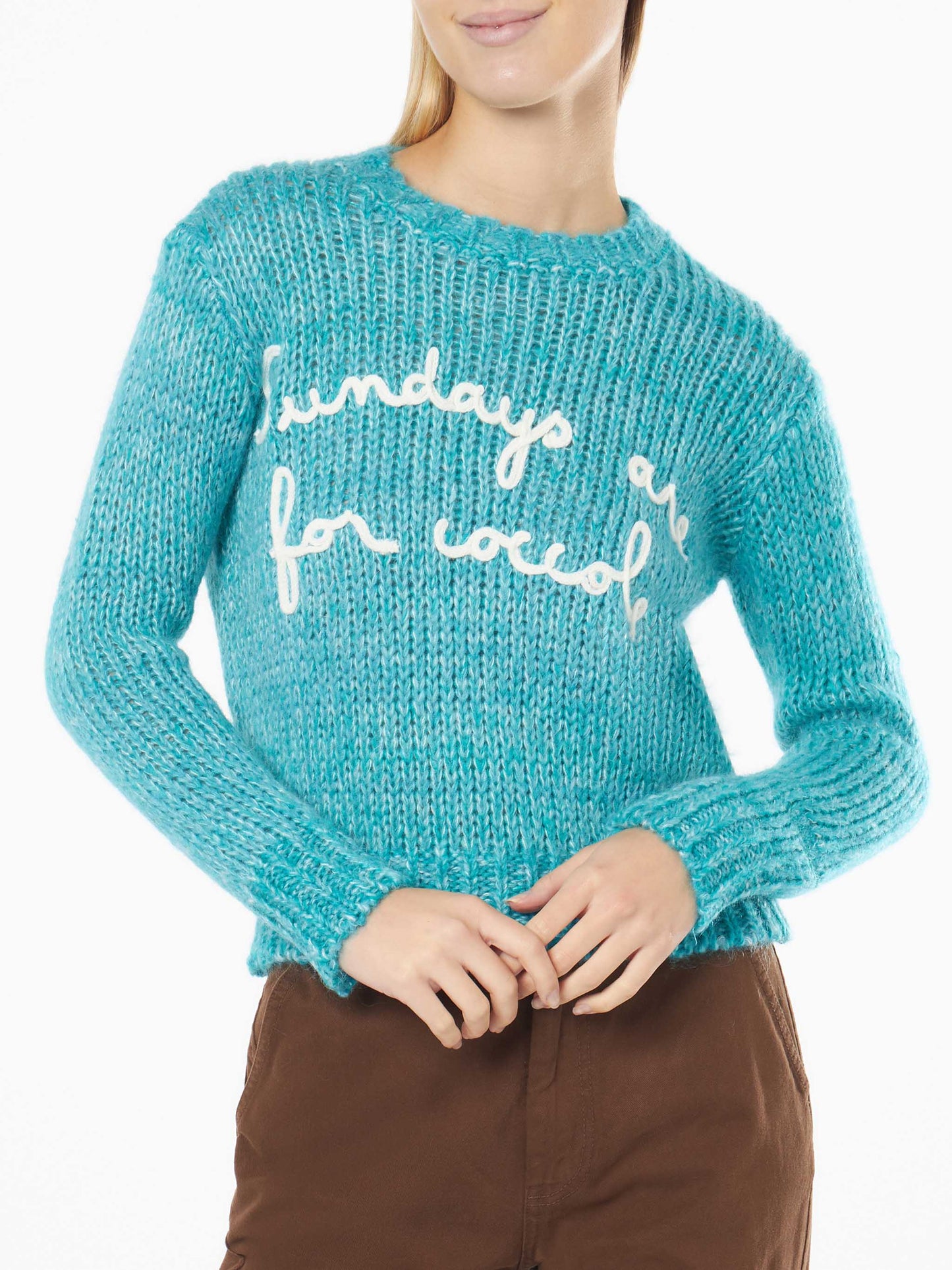 Woman crewneck soft crop sweater with Sundays are for Coccole embroidery - MC2 Saint Barth