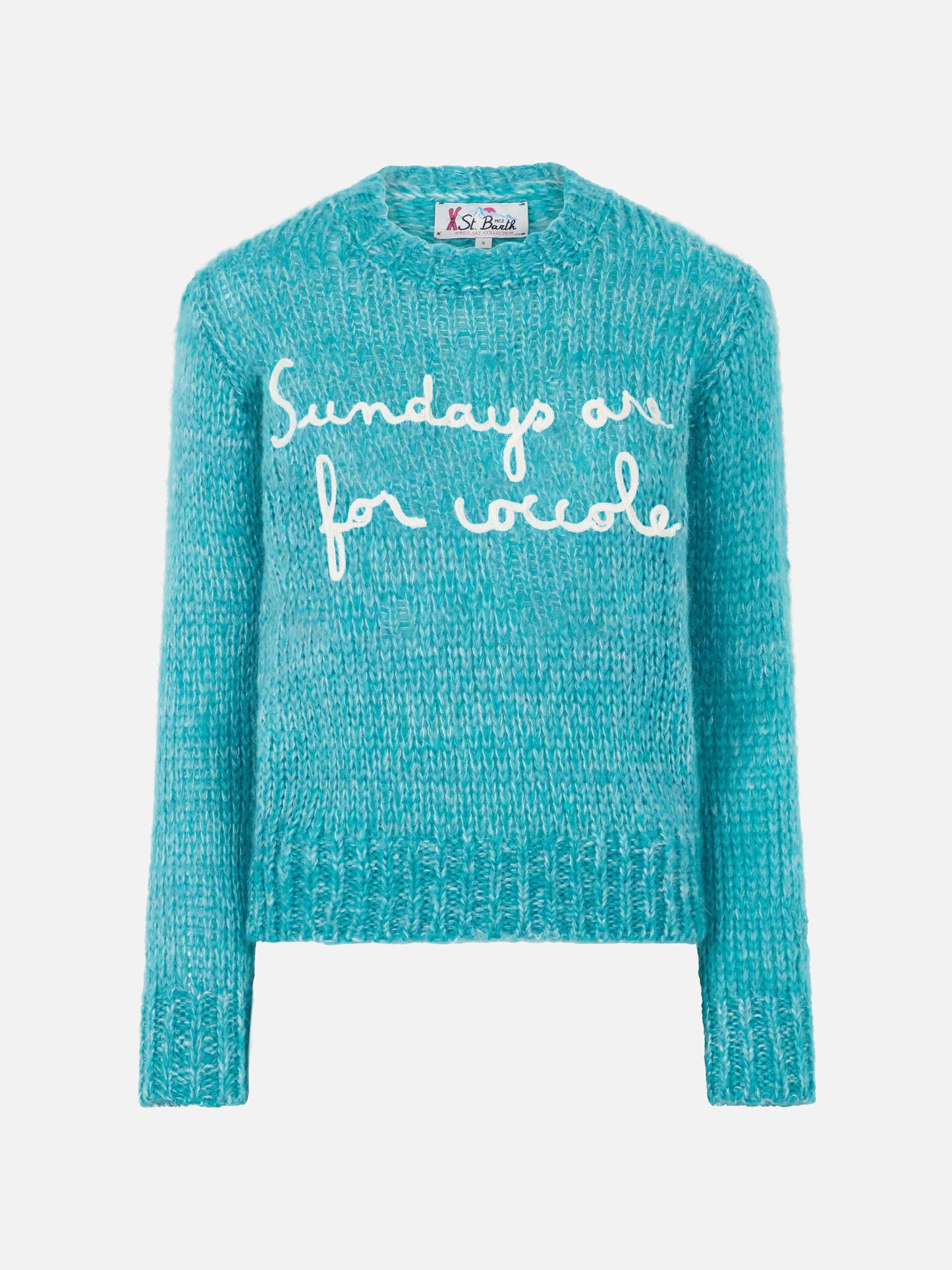 Woman crewneck soft crop sweater with Sundays are for Coccole embroidery - MC2 Saint Barth