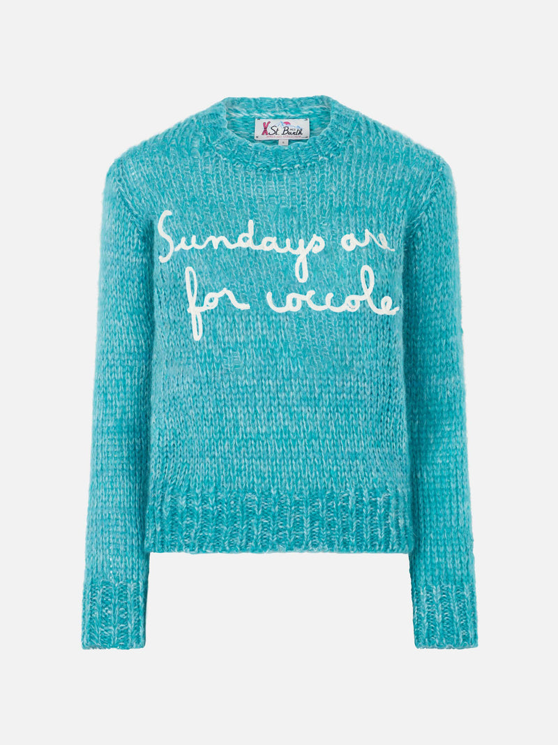 Weicher, kurz geschnittener Damenpullover mit Rundhalsausschnitt und „Sundays are for Coccole“-Stickerei