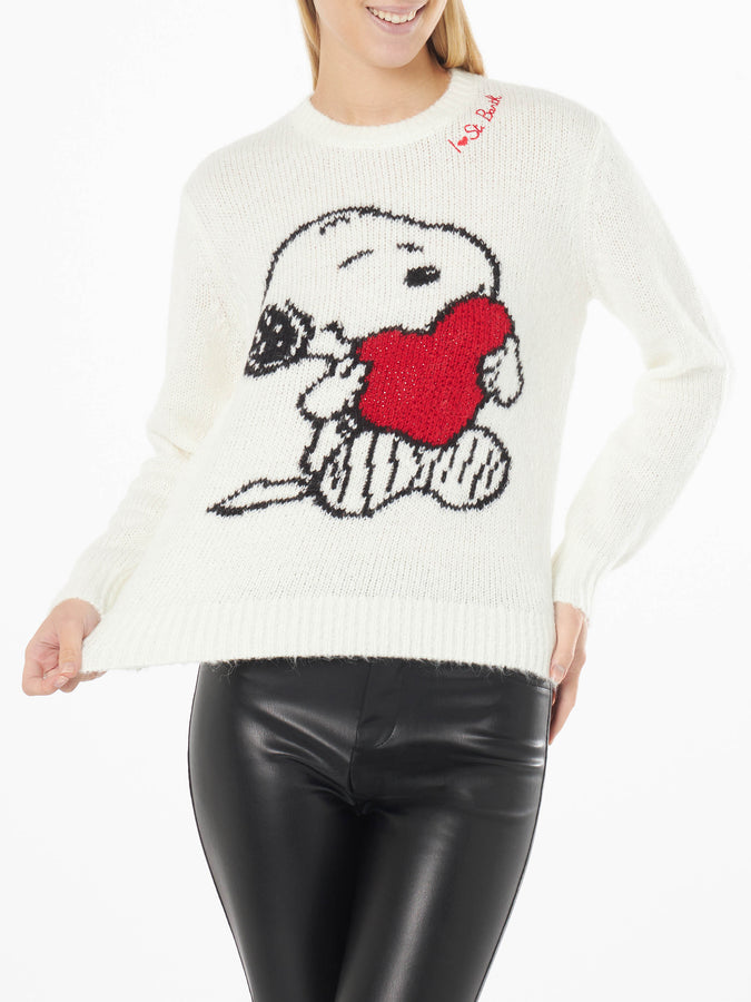 Mc2 Saint Barth Maglia da donna girocollo nera con stampa Snoopy e Woodstock e cuore in strass | EDIZIONE SPECIALE SNOOPY PEANUTS™